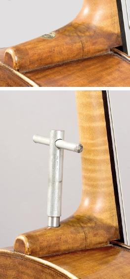 圖7來自Stradivari作坊的Bass viola da gamba，約1735年，Jos.Wagner于1831年改裝成帶可調(diào)節(jié)琴頸的大提琴。請注意琴頸嵌入肋骨而非頂部